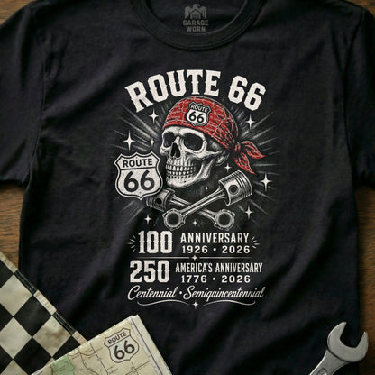 Route 66 skull design with pistons, celebrating 100 and 250 year anniversaries.
