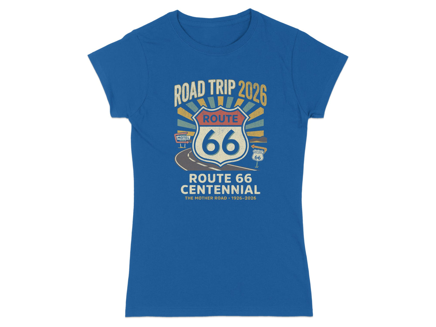 Blue t-shirt with Route 66 Centennial graphic.
