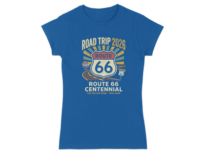 Blue t-shirt with Route 66 Centennial graphic.