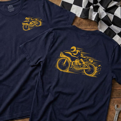 Navy t-shirts with a yellow motorcycle graphic on the back.