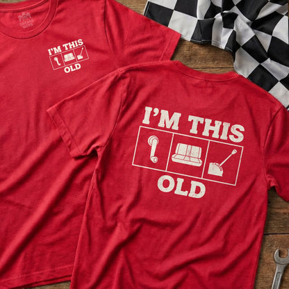 Red t-shirts with "I'm This Old" graphic and icons of couch, toilet, and plunger.
