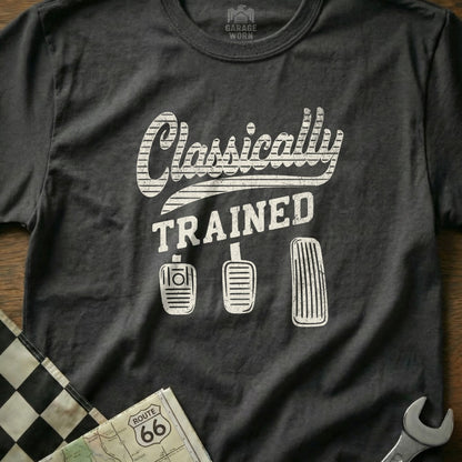 Dark gray t-shirt with "Classically TRAINED" and three pedals.