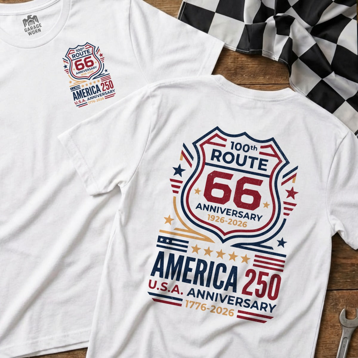 White t-shirts with Route 66 100th Anniversary and America 250 designs.