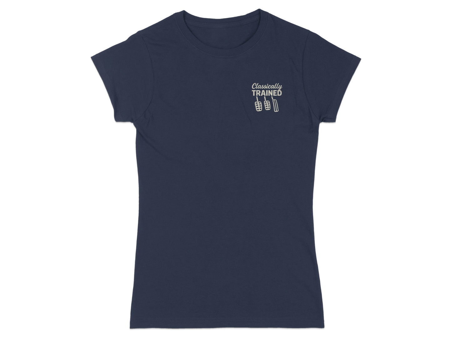 Navy t-shirt with "Classically TRAINED" and pedal graphic on chest.
