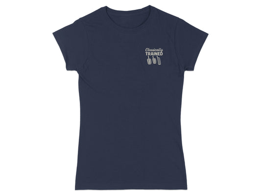 Navy t-shirt with "Classically TRAINED" and pedal graphic on chest.