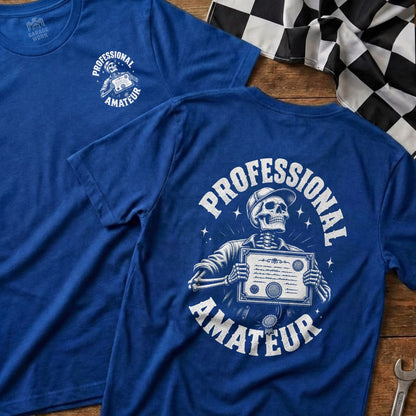 Blue t-shirt with skeleton holding certificate, "Professional Amateur" text.