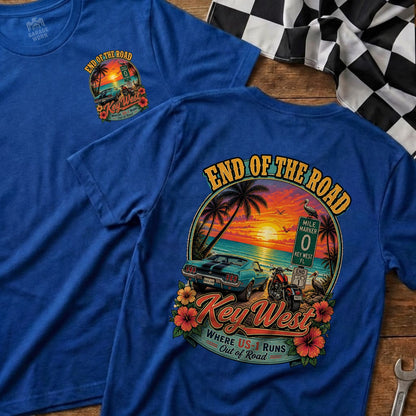 Blue t-shirt with Key West sunset graphic featuring car, motorcycle, and mile marker zero.
