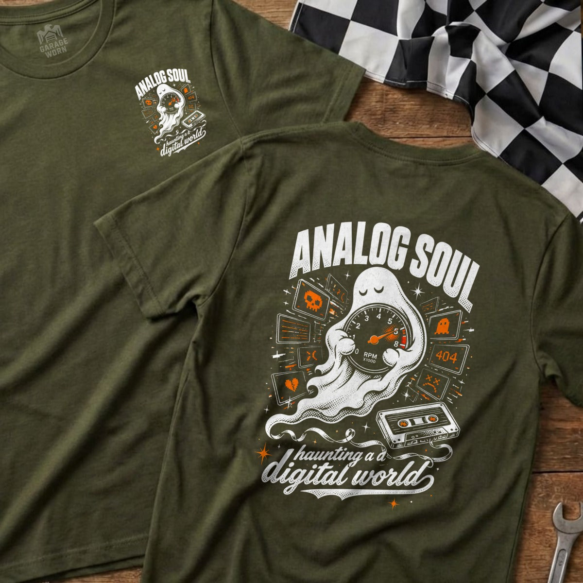 Olive t-shirt with "Analog Soul" ghost graphic, speedometer, and cassette tape.