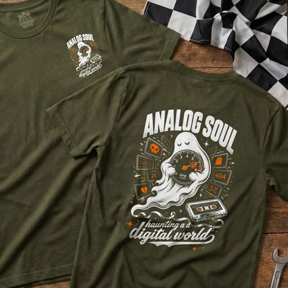 Olive t-shirt with "Analog Soul" ghost graphic, speedometer, and cassette tape.