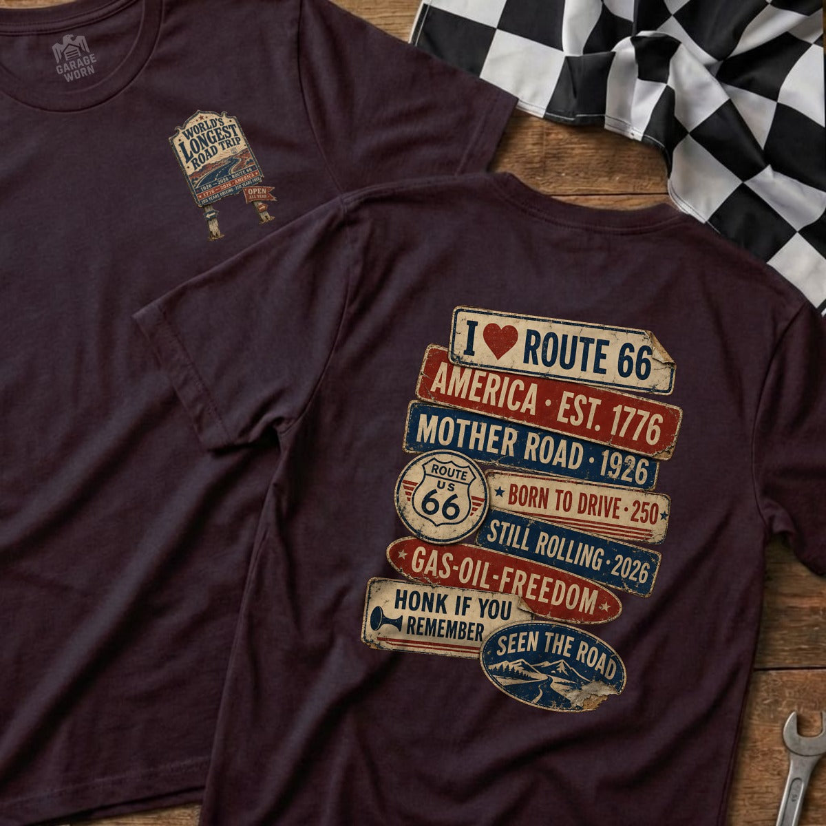 Burgundy t-shirt with Route 66 graphics including "World's Longest Road Trip" and "Born to Drive."