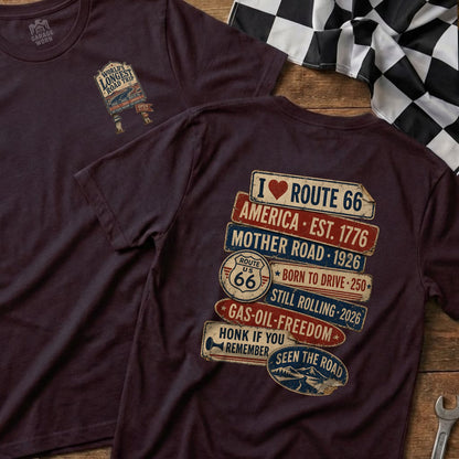 Burgundy t-shirt with Route 66 graphics including "World's Longest Road Trip" and "Born to Drive."