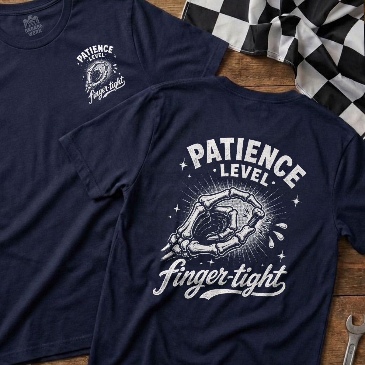 Navy t-shirts with white "Patience Level Finger-Tight" text and skeleton hand graphic.