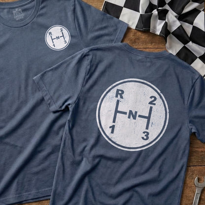 Blue t-shirts with a white circular manual gear shift pattern graphic.