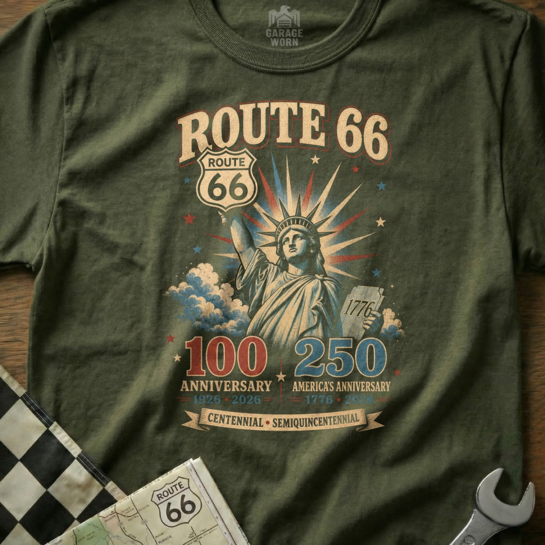 Route 66 shirt with Statue of Liberty, 100 and 250 anniversary text.