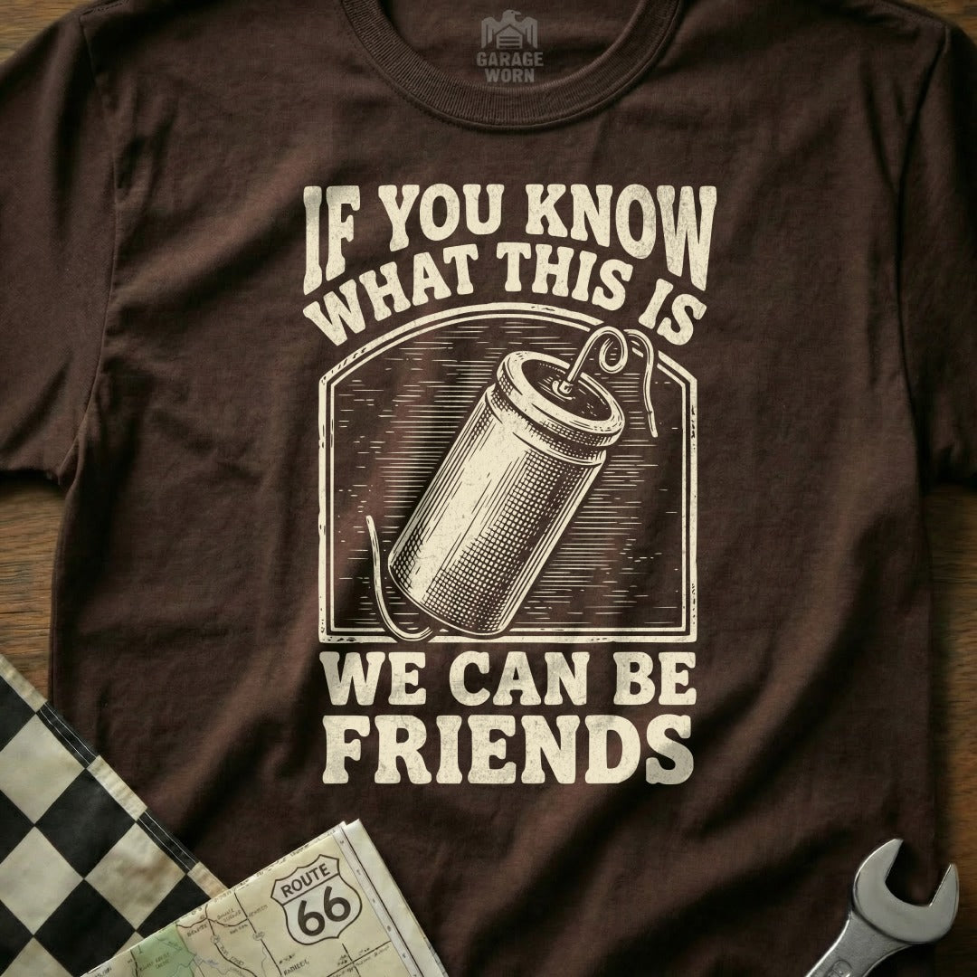 Brown t-shirt with capacitor graphic and text "If You Know What This Is We Can Be Friends".
