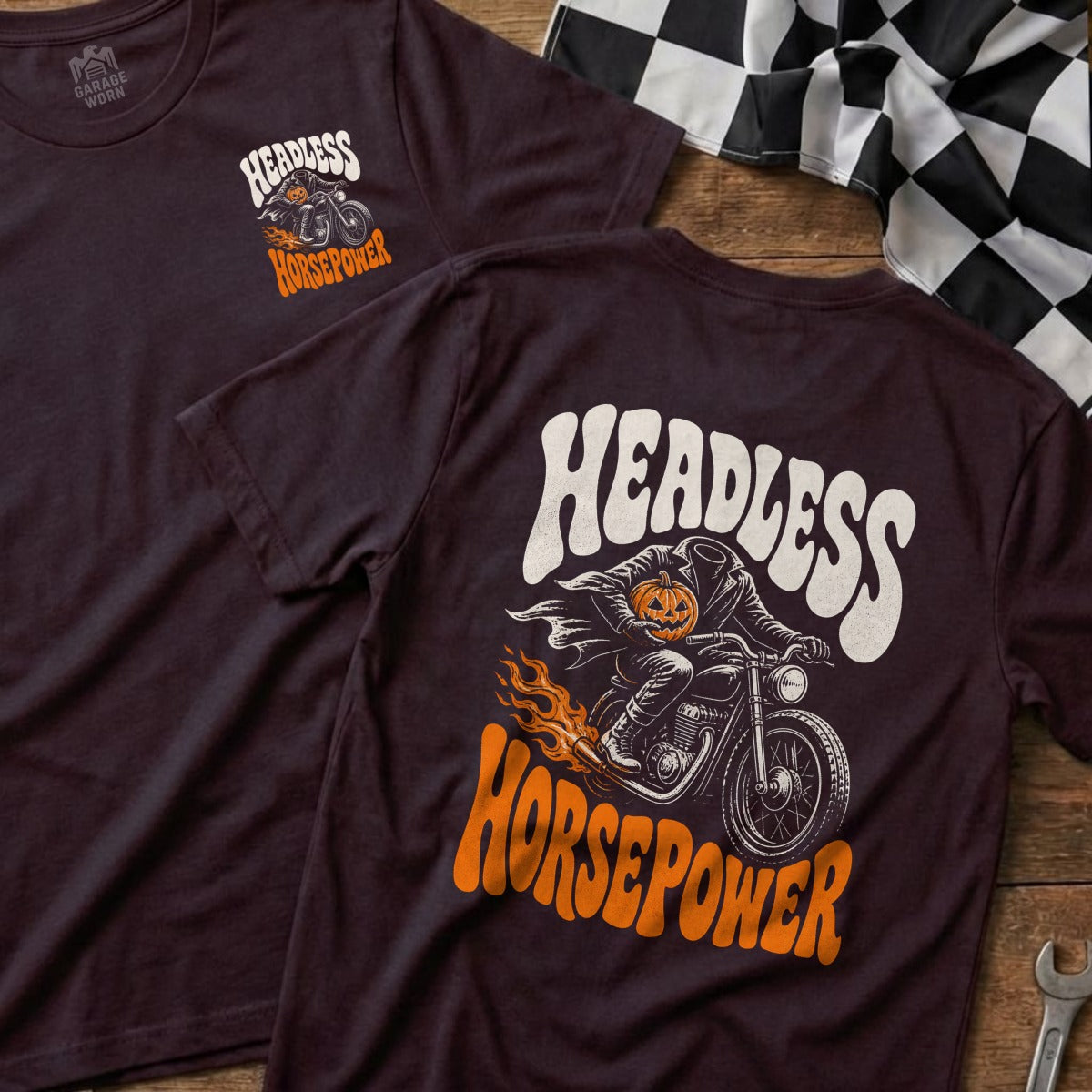 Dark t-shirt with "Headless Horsepower" graphic of a pumpkin-headed rider on a motorcycle.
