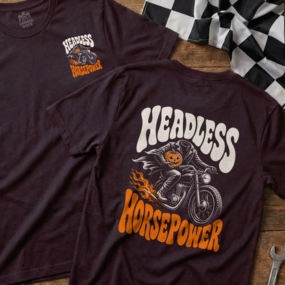 Dark t-shirt with "Headless Horsepower" graphic of a pumpkin-headed rider on a motorcycle.