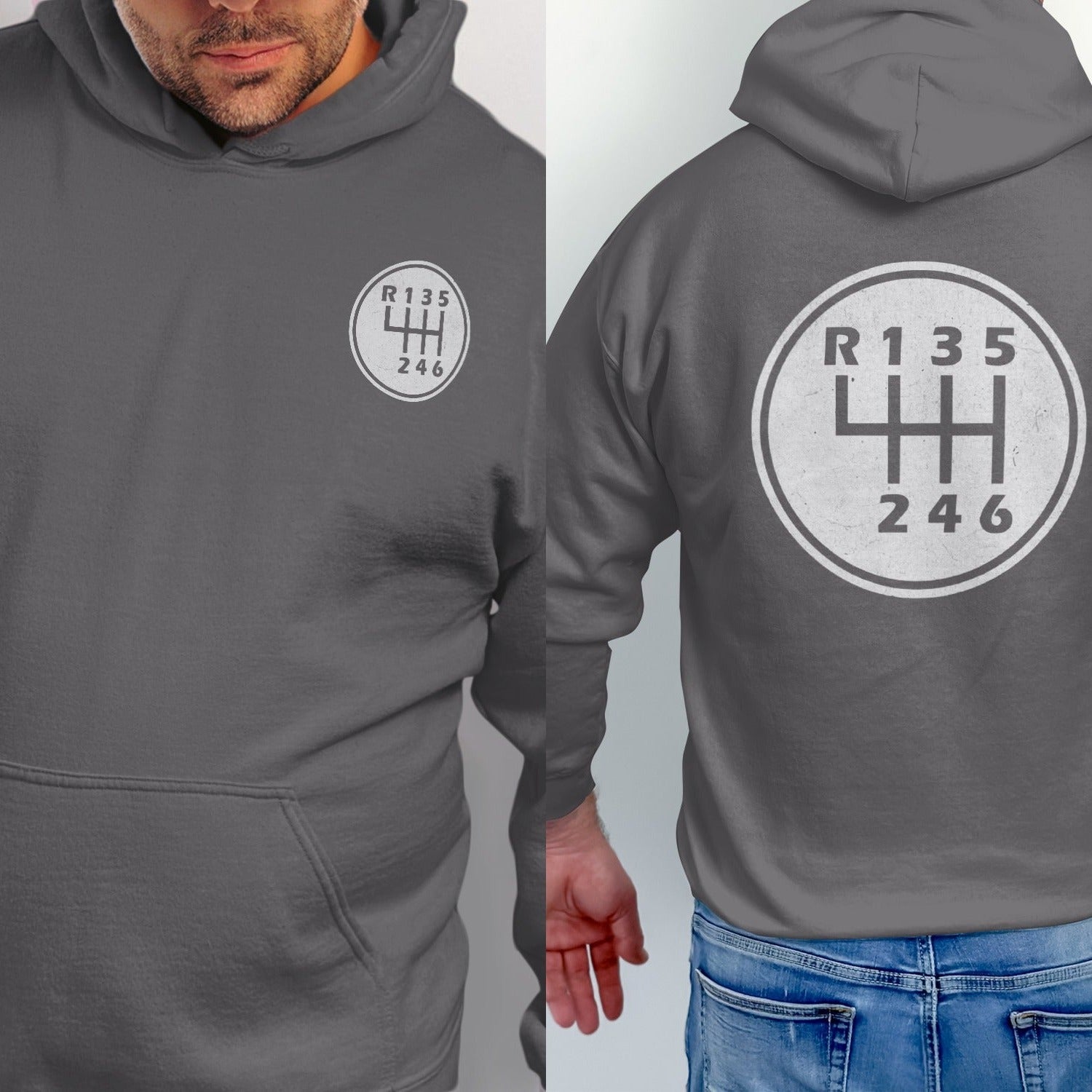 Dark grey hoodie with a circular manual transmission shift pattern graphic on back and chest.