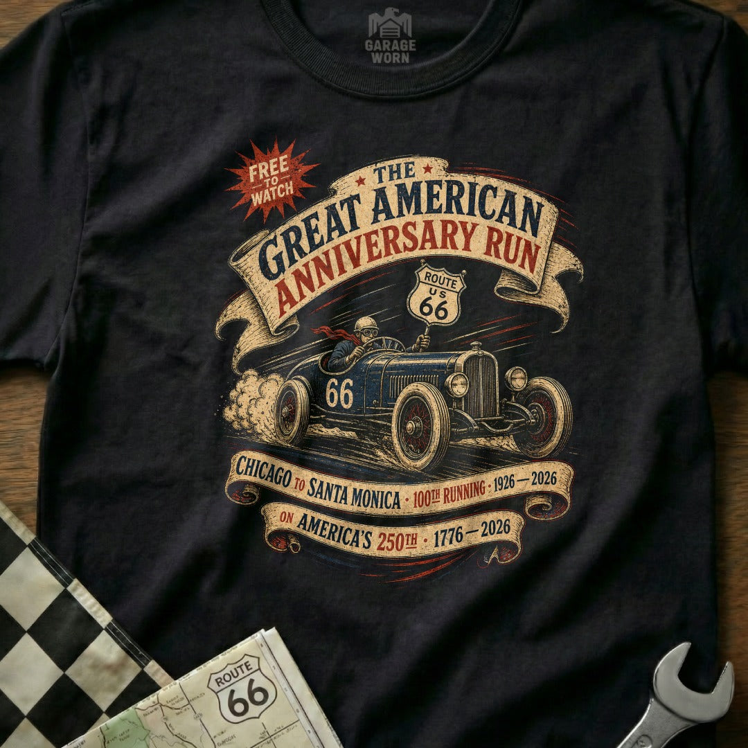 T-shirt with Great American Anniversary Run graphic featuring Route 66 car and text.