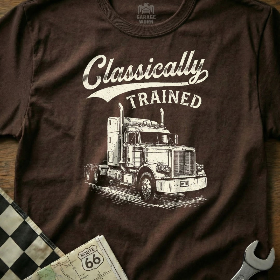Brown t-shirt with "Classically TRAINED" text and a classic semi-truck illustration.