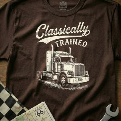 Brown t-shirt with "Classically TRAINED" text and a classic semi-truck illustration.