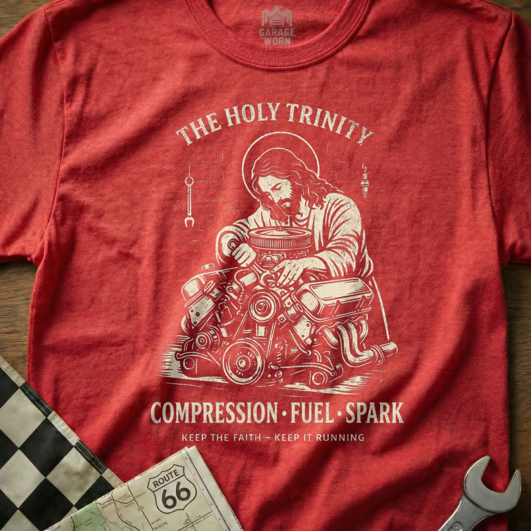 THE HOLY TRINITY COMPRESSION FUEL SPARK engine design product type
Holy Trinity, Compression Fuel Spark, Jesus mechanic, Engine repair, Automotive theme, Car enthusiast, Garage Worn, Route 66, Faith design, Hot rod culture, Classic car, Mechanic humor, Spark plug, V8 power, Red graphic, Retro style, Custom engine, Keep it running, Auto enthusiast, Unique design