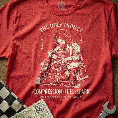 THE HOLY TRINITY COMPRESSION FUEL SPARK engine design product type
Holy Trinity, Compression Fuel Spark, Jesus mechanic, Engine repair, Automotive theme, Car enthusiast, Garage Worn, Route 66, Faith design, Hot rod culture, Classic car, Mechanic humor, Spark plug, V8 power, Red graphic, Retro style, Custom engine, Keep it running, Auto enthusiast, Unique design