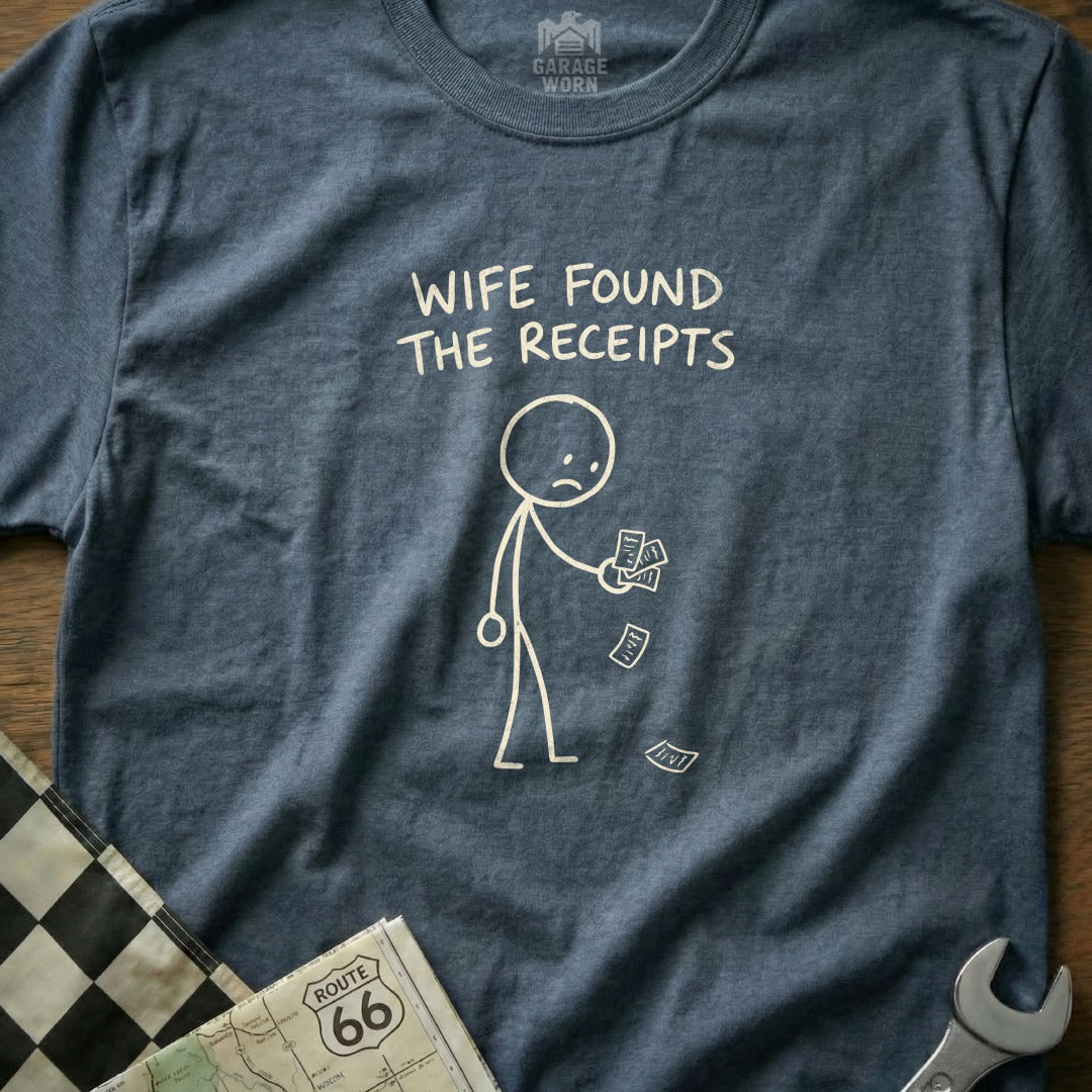 Stick figure with sad face holding receipts, "Wife found the receipts" text.
