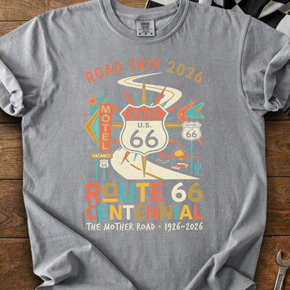 Route 66 Centennial Road Trip 2026 graphic on gray t-shirt.