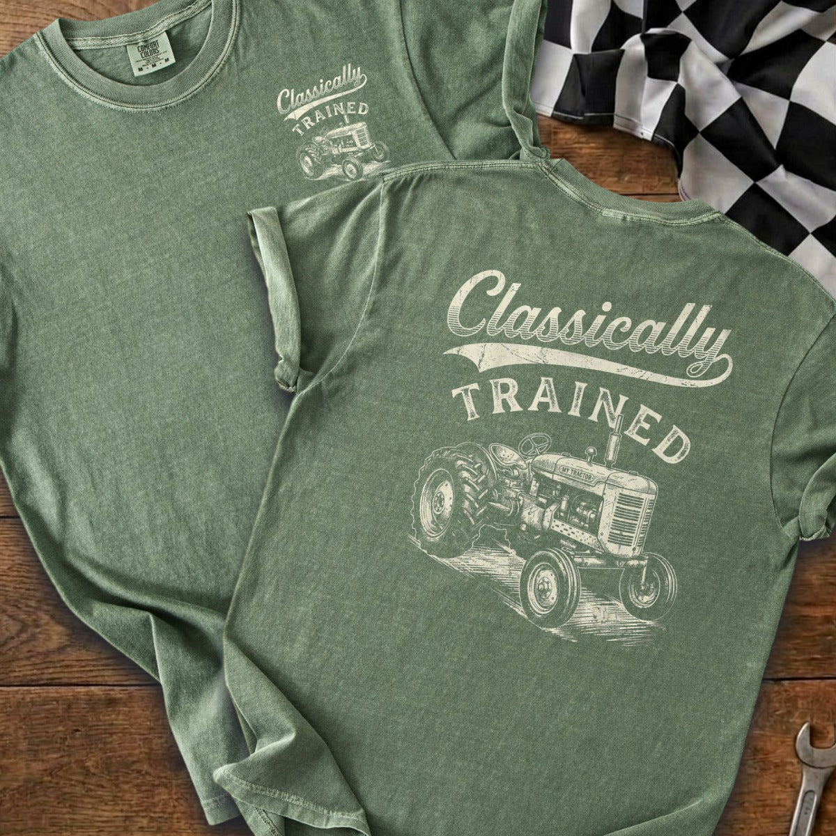Green t-shirt with "Classically TRAINED" text and vintage tractor graphic.