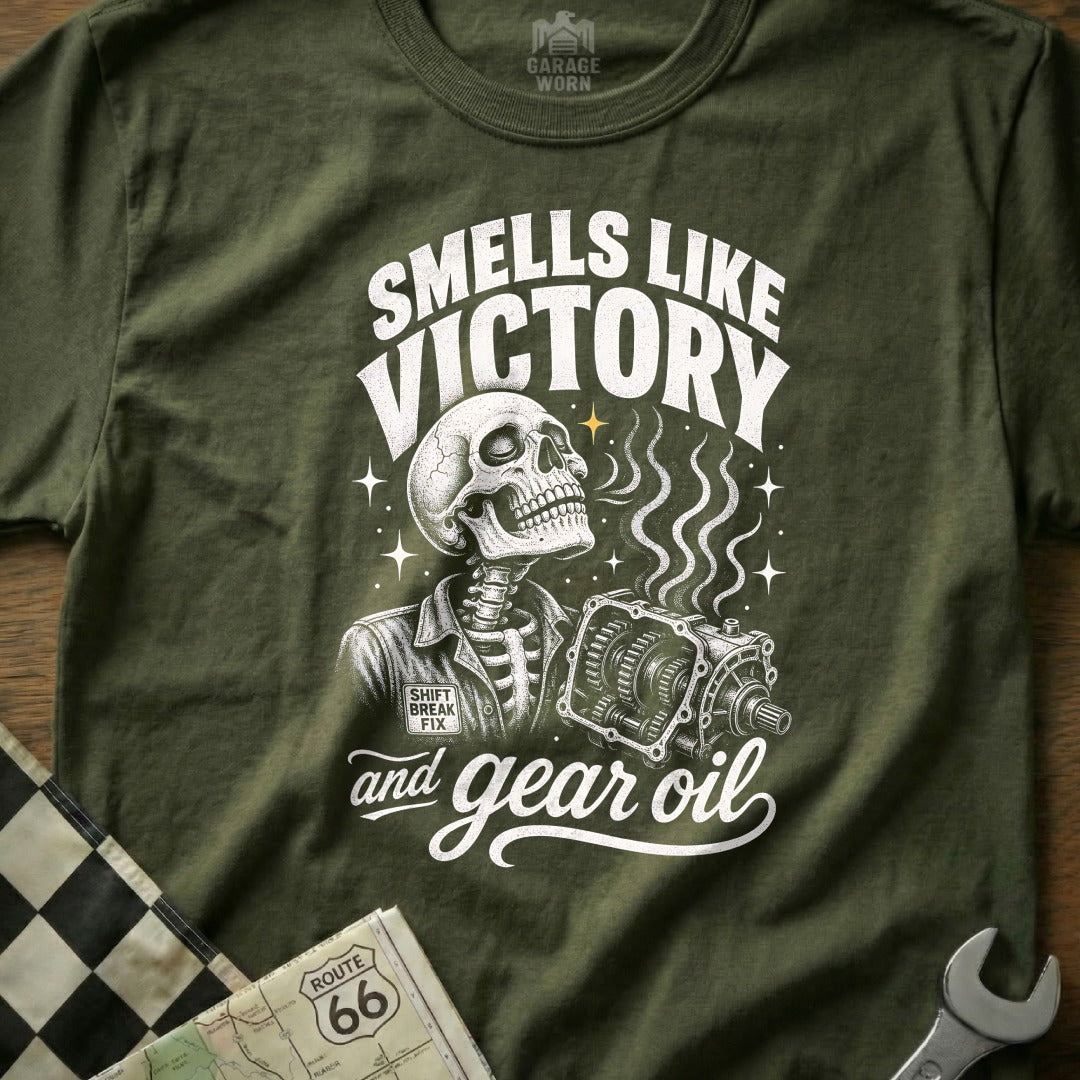Skeleton with gearbox and text "Smells Like Victory and Gear Oil."