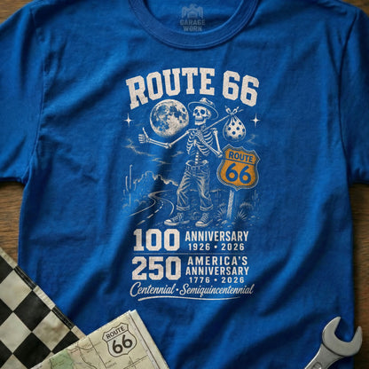 Blue t-shirt with Route 66 skeleton design for 100th and 250th anniversaries.
