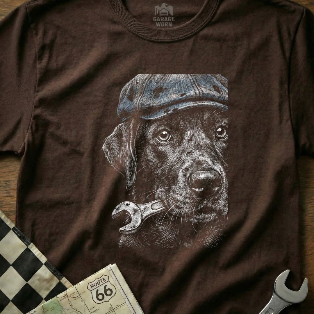 Black Labrador wearing a flat cap holds a wrench, printed on a brown t-shirt.