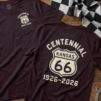 Maroon t-shirt with "Centennial Kansas 66 1926-2026" and a checkered flag.