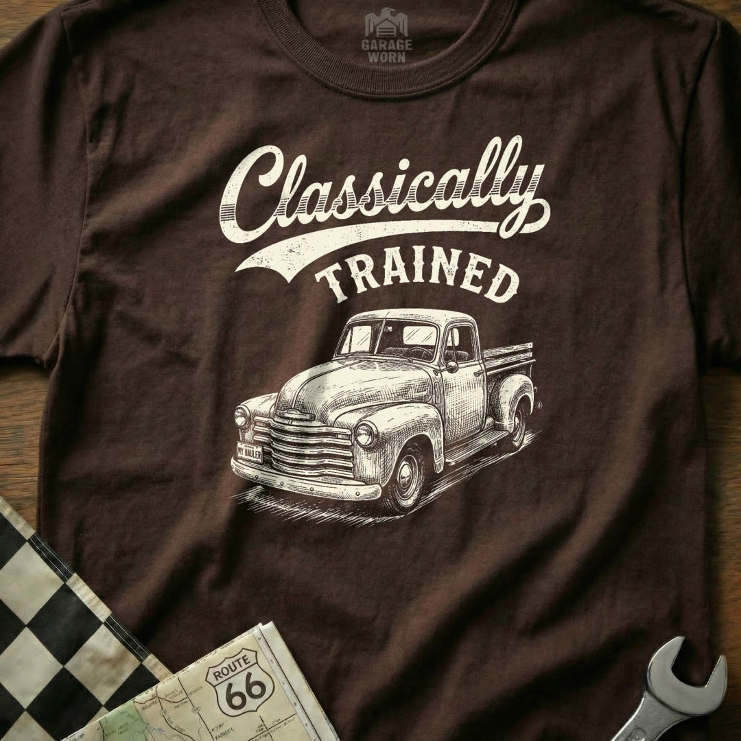 Brown t-shirt with "Classically TRAINED" text and vintage pickup truck graphic.