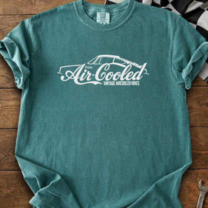 Teal t-shirt with white graphic of a car and text "Enjoy Air-Cooled Vintage Aircooled Rides".