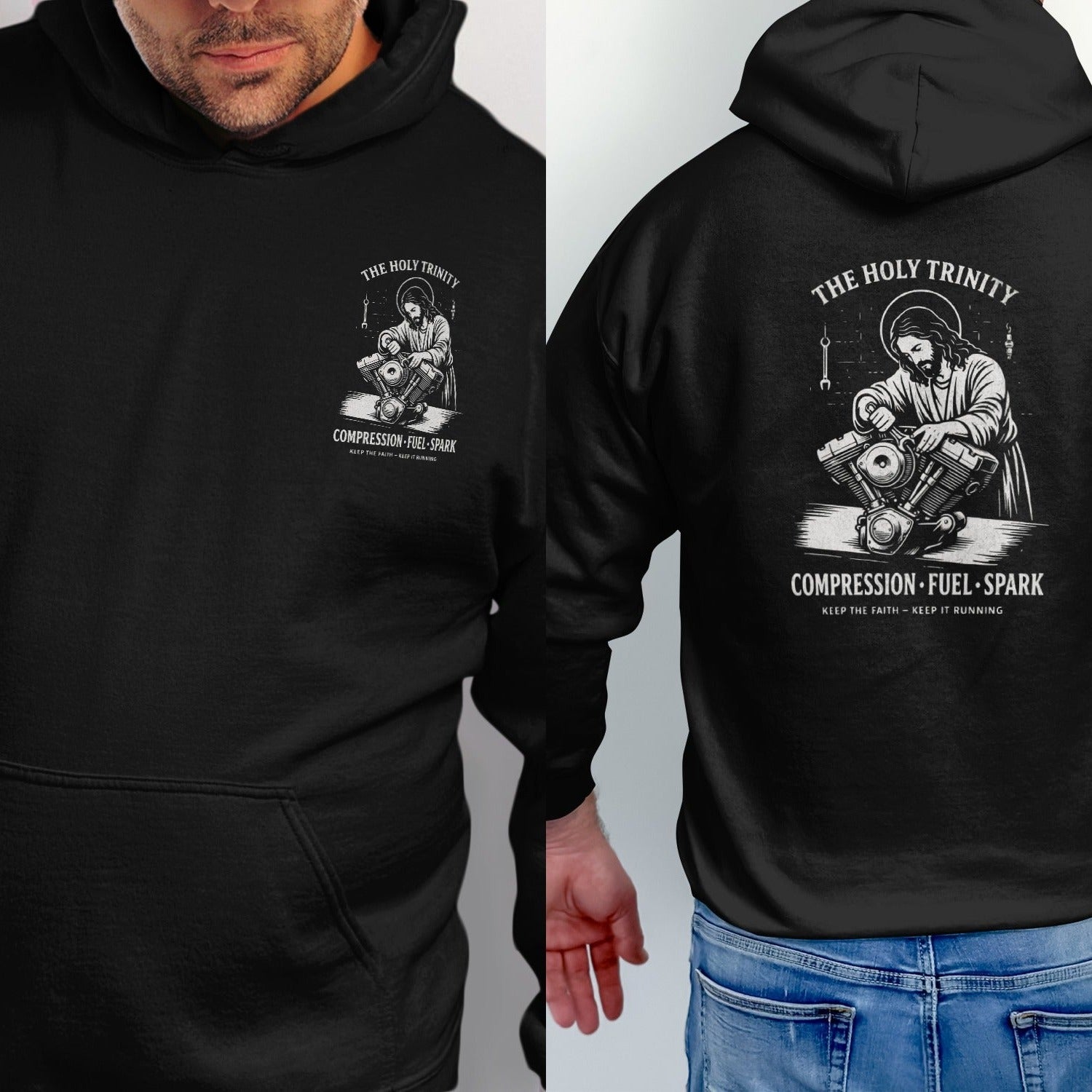 Black hoodie with "The Holy Trinity" graphic featuring Jesus working on an engine.
