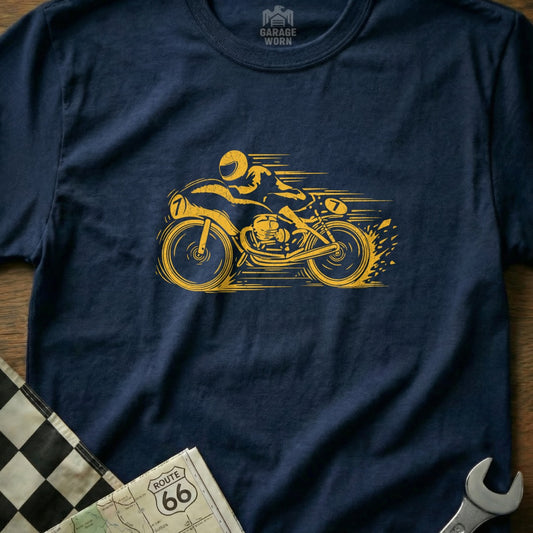 Yellow racing motorcycle with rider on navy blue t-shirt with checkered flag.
