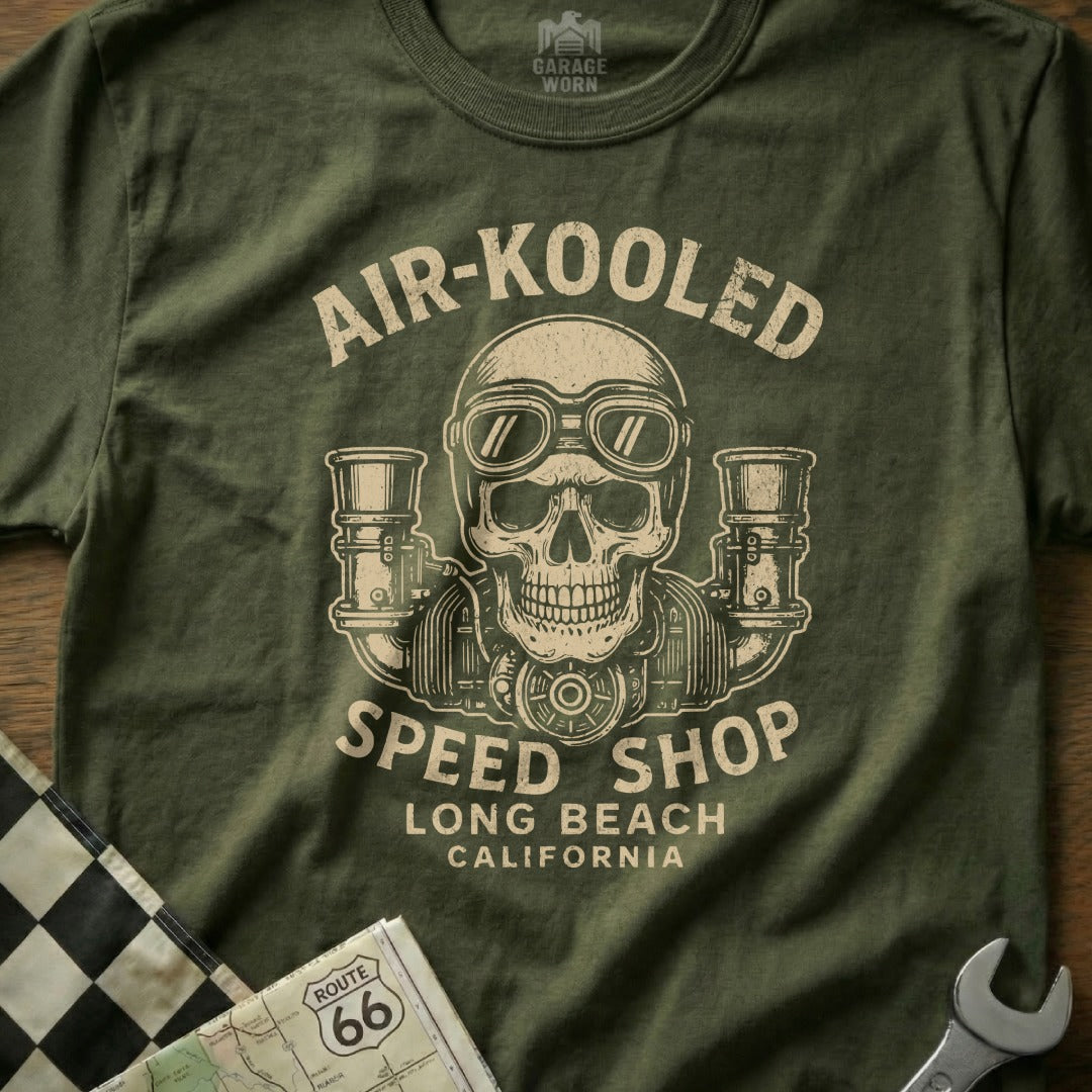 Air-Kooled Speed Shop Long Beach California skull graphic t-shirt.