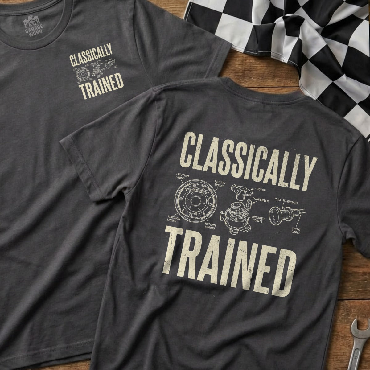 T-shirt with "Classically Trained" and a diagram of automotive engine parts.