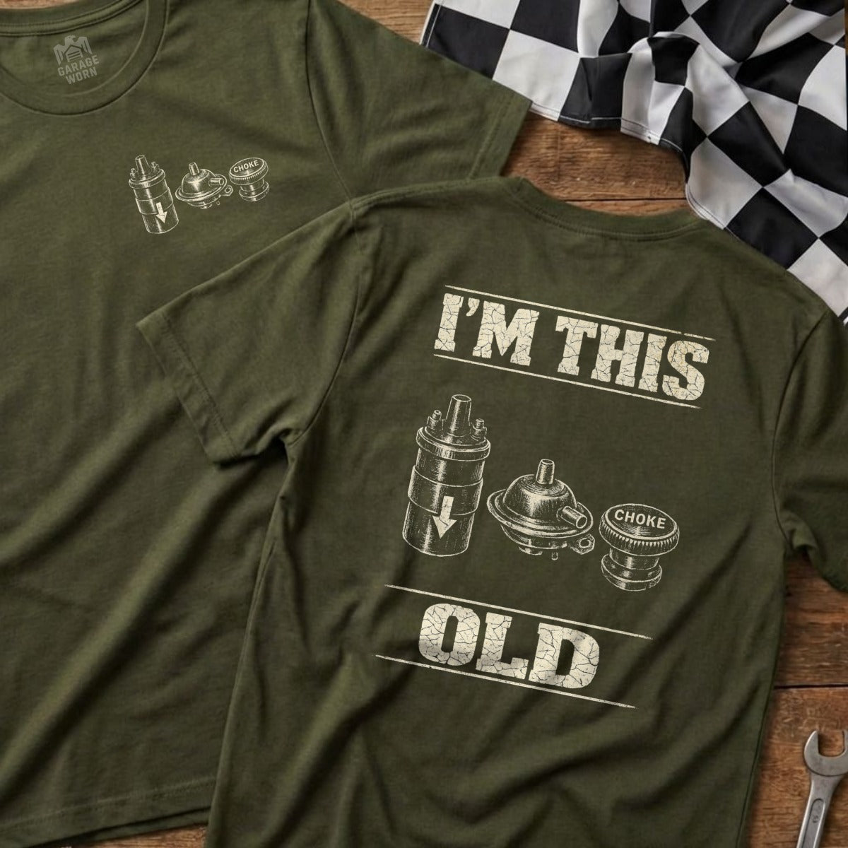 Two olive green t-shirts with automotive carburetor and choke illustrations and text.