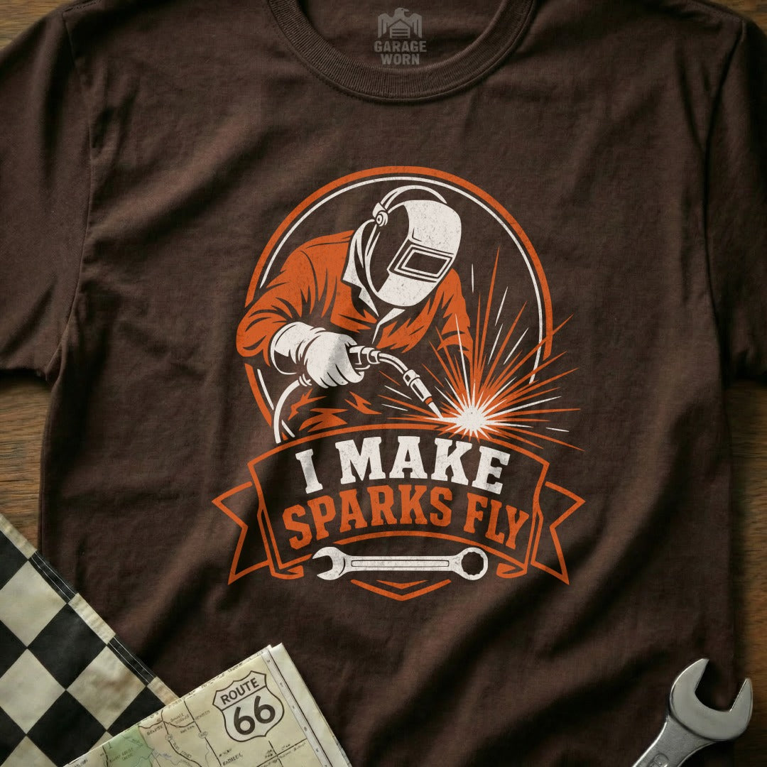 Brown t-shirt features a welder with sparks flying and text "I MAKE SPARKS FLY".