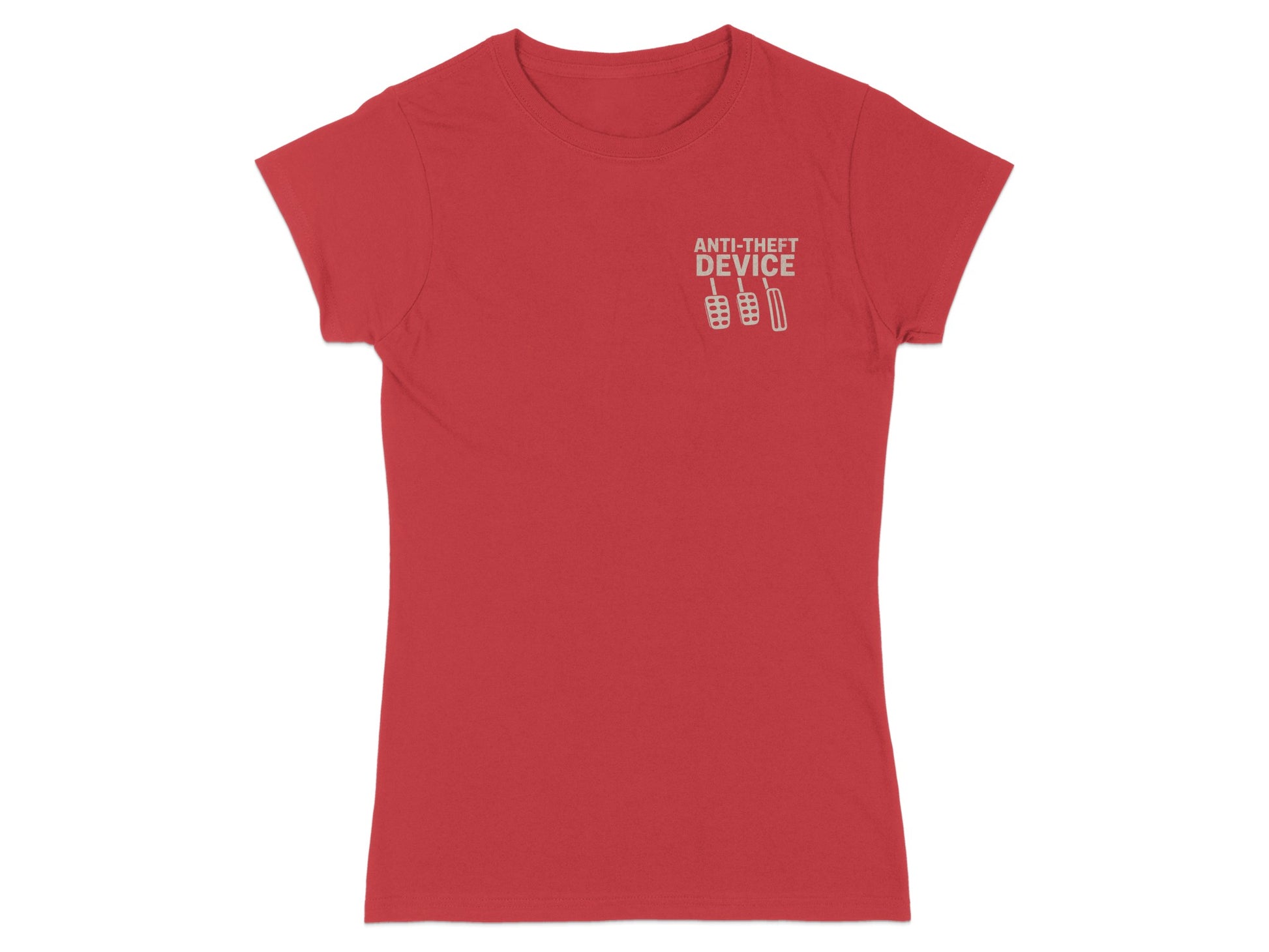 Red t-shirt with "Anti-Theft Device" text and pedal graphic.