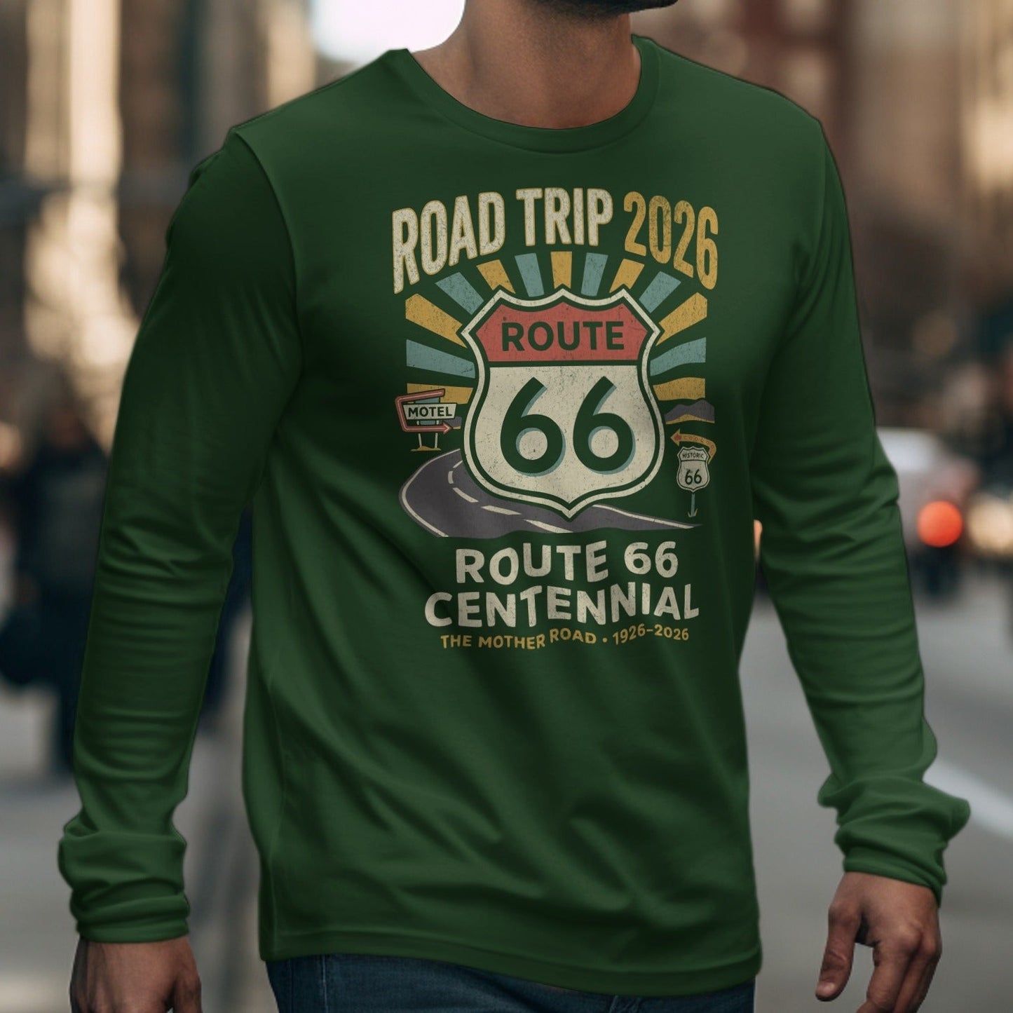 Green long-sleeve shirt with "Route 66 Centennial Road Trip 2026" graphic.