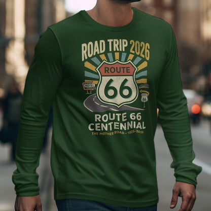 Green long-sleeve shirt with "Route 66 Centennial Road Trip 2026" graphic.