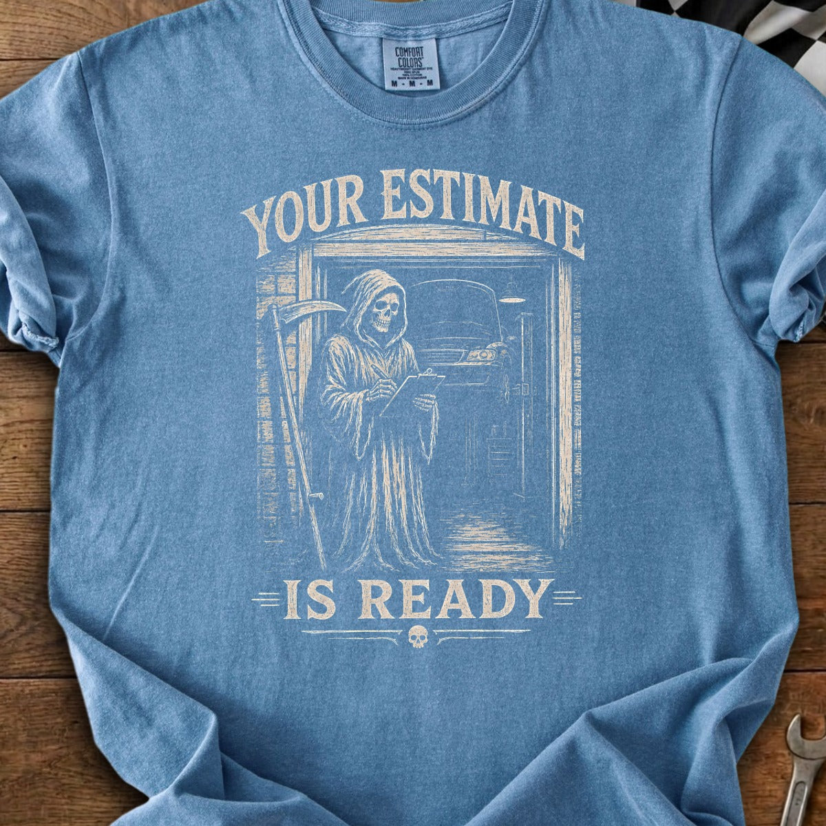 Grim Reaper in garage holds clipboard with text "YOUR ESTIMATE IS READY".