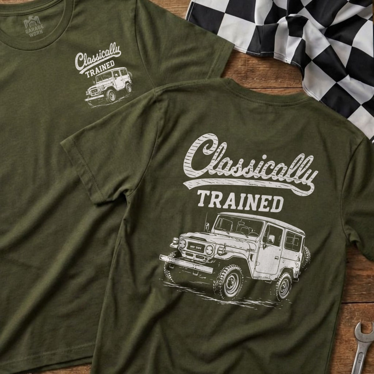 Olive green t-shirt featuring "Classically TRAINED" with a vintage SUV illustration.
