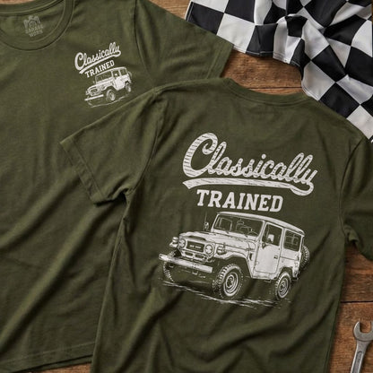 Olive green t-shirt featuring "Classically TRAINED" with a vintage SUV illustration.