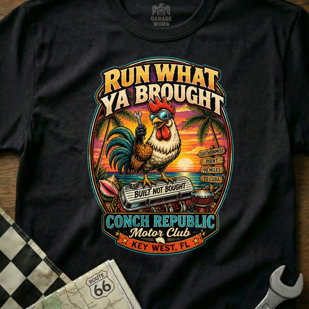 Rooster with wrench on car engine, "Run What Ya Brought Couch Republic Motor Club Key West, FL" graphic.
