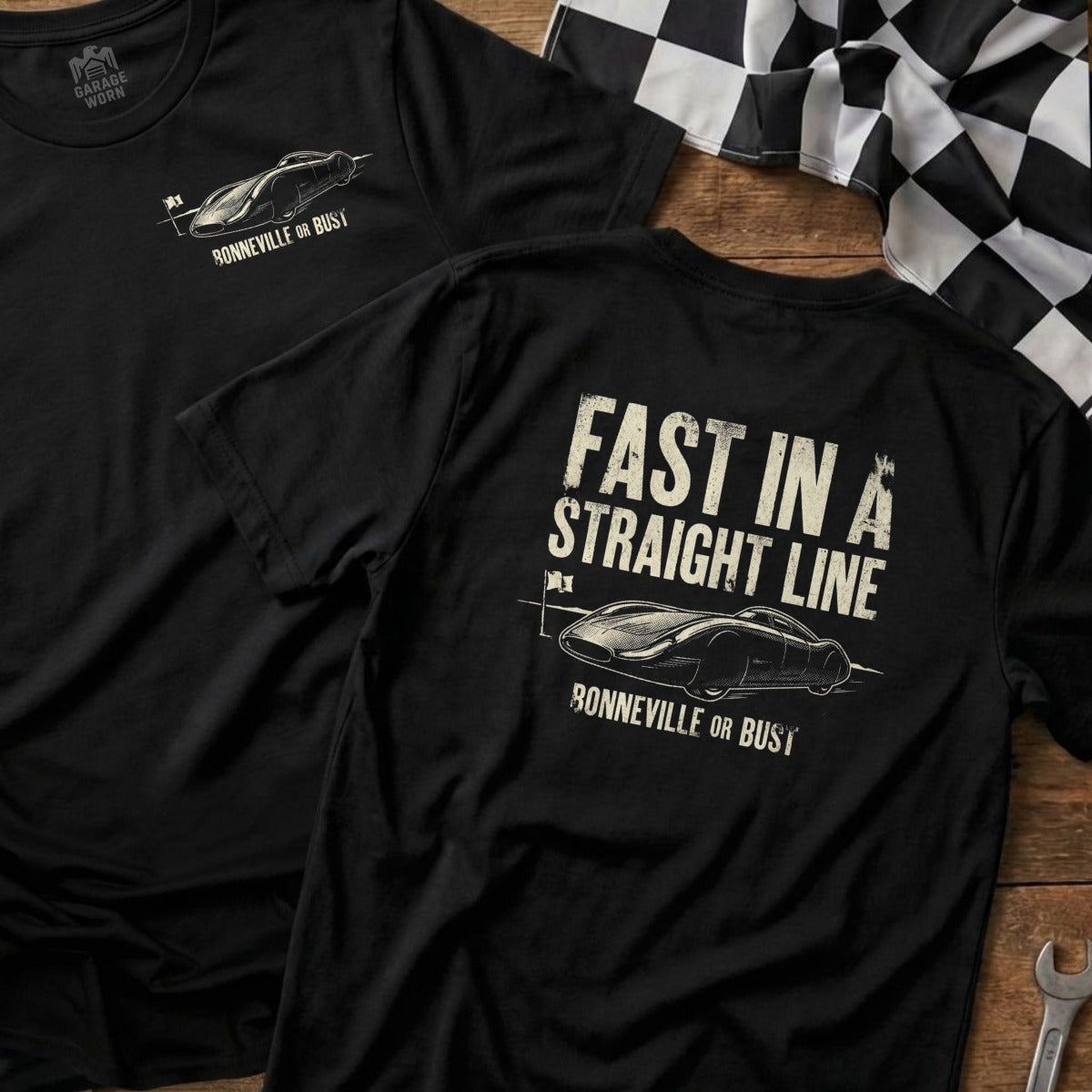 Black t-shirt with "Fast in a Straight Line Bonneville or Bust" and car graphic.